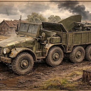 Puede incluir: Un modelo de camión militar verde oliva desgastado con seis ruedas, una plataforma de carga y un parabrisas delantero. Un panel negro vertical a la derecha muestra el texto AVAILABLE IN 7 SCALES con iconos y escalas de 1:43 a 1:100 para este kit de resina.