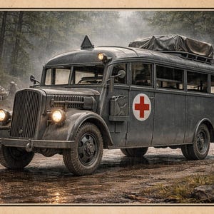 Könnte beinhalten: Ein dunkelgraues Krankenwagen-Busmodell mit einem roten Kreuz-Emblem an der Seite, ausgestattet mit einem Dachträger mit Plane, Scheinwerfern und einem vertikalen Kühlergrill. Eine Seitenleiste listet auf: AVAILABLE IN 7 SCALES 1:43, 1:48, 1:56, 1:64, 1:72, 1:87, 1:100 RESIN MODEL KIT.