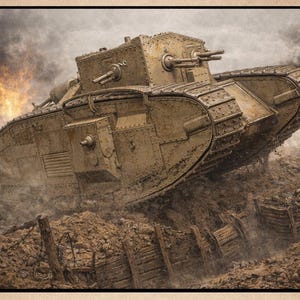 Può includere: Un kit modello di carro armato Mark IV color sabbia raffigurato in una scena di campo di battaglia con fumo e fuoco. Un pannello verticale nero a destra mostra il testo AVAILABLE IN 7 SCALES con icone e le scale 1:43, 1:48, 1:56, 1:64, 1:72, 1:87, 1:100 e RESIN MODEL KIT.