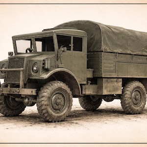 May include: A vintage-style olive green military cargo truck featuring a canvas-covered bed, a flat front grille, large treaded tires, and a boxy cabin design. The vehicle is rendered in a sepia-toned illustration with a distinct border frame.