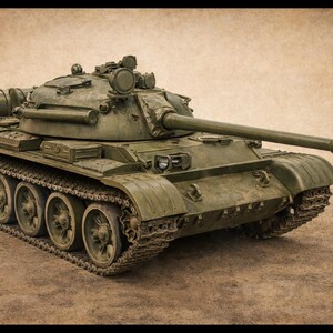 May include: An olive green resin model tank with a long barrel, tracks, and a turret. A vertical black panel on the right displays the text AVAILABLE IN 7 SCALES with icons and ratios: 1:43, 1:48, 1:56, 1:64, 1:72, 1:87, 1:100, and RESIN MODEL KIT.