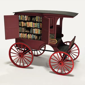May include: A miniature dark red horse-drawn carriage model featuring open doors that reveal shelves filled with tiny books. The side of the carriage displays the text "LIBRARY" in gold lettering, and the vehicle has four bright red spoked wheels.