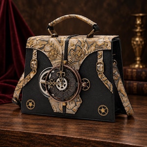 May include: A black structured handbag featuring a top handle and a central clock face with Roman numerals and ornate hands. The bag is decorated with metallic gear accents, brass-toned studs, and a beige floral embossed pattern on the flap.