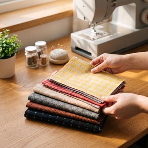 Puede incluir: Una pila de retales de tela rectangulares con varios patrones y colores, incluyendo cuadros amarillos, cuadros rojos, beige, gris con una textura sutil, cuadros marrones y negro con pequeños puntos blancos, apilados de forma ordenada.