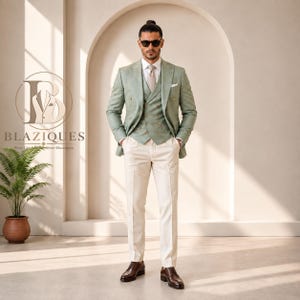 Sage Green 3 Piece Mens Suit, Double Breasted Waistcoat, Custom Wedding Suit, Groom Suit, Made to Measure
