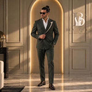 Olive Green Mens Suit, Ivory Contrast Lapel 2 Piece Suit, Custom Made Wedding Groom Suit