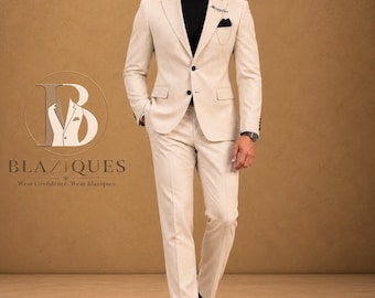 Cream Suit for Men, Beige Wedding Suit, Luxury Groom Outfit, Textured Tailored Men's Suit