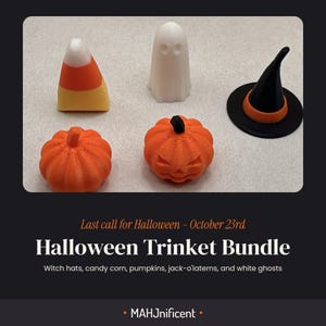 May include: A Halloween trinket bundle featuring a candy corn, a white ghost, a black and orange witch hat, a plain orange pumpkin, and an orange jack-o'-lantern. The text reads: Last call for Halloween - October 23rd, Halloween Trinket Bundle.