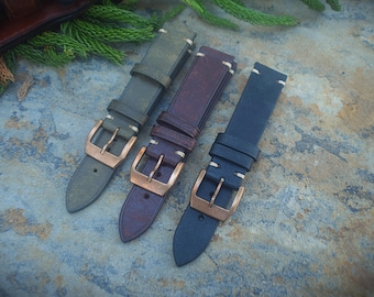 Echt lederen horlogebandje in vintage stijl met bronzen gesp - 20 mm