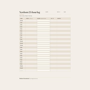 以下が含まれることがあります： ベージュ色の新生児用24時間記録シートで、黒い文字が印刷されています。ヘッダーにはNewborn 24-hour log、Date、Day、Ageと記載されています。列には12 amから11 pmまでのTime、Feed、Sleepの塗りつぶし欄、W/D、Notesが含まれています。下部にはModern Parenthoodと記載されています。