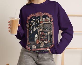 The Haunted Library Crewneck Sweatshirt | Book Club Meets at Midnight| Gildan