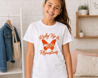 Rocky Top & Rhinestones Youth T-Shirt | Dolly Butterfly Graphic, Gildan