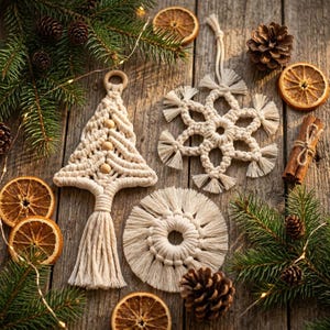 May include: Three off-white macrame ornaments featuring a triangular tree shape with wooden beads, a six-pointed snowflake design, and a circular mandala pattern, all finished with fringe, arranged on a wooden surface with pine branches.