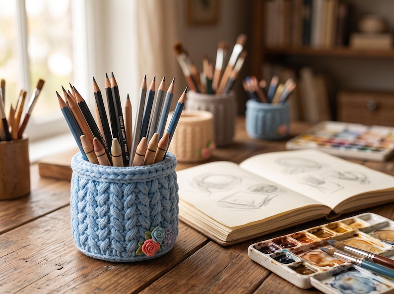 Crochet Pencil Holder Pattern Bundle, Desk Organizer Basket, Cable Knit ...
