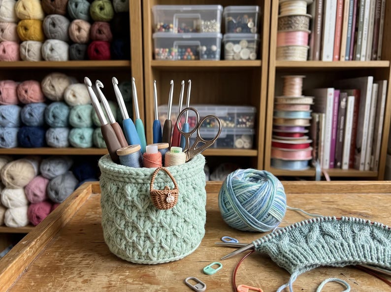 Crochet Pencil Holder Pattern Bundle, Desk Organizer Basket, Cable Knit ...