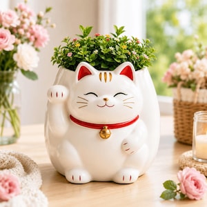 May include: A white ceramic planter shaped like a beckoning cat with a smiling face, red collar, and gold bell. The cat has gold markings on its forehead and ears, with one paw raised. A small green plant with tiny flowers is potted inside the container.