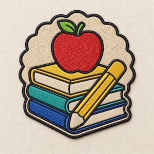 May include: An embroidered patch featuring a stack of three books in yellow, teal, and blue, topped with a bright red apple with a green leaf. A yellow pencil with a white tip is positioned diagonally across the books, all outlined in black.