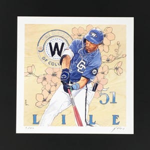 May include: Baseball-themed art print featuring a baseball player in a blue uniform with the letter "W" on the front and a baseball bat. The background includes cherry blossoms and the text "The District of Columbia".