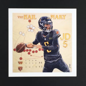 May include: Illustration of a football player in a navy uniform throwing a football. The artwork includes the text "THE HAIL MARY" and "JD 5", along with a diagram of a play. The background is a light tan color.