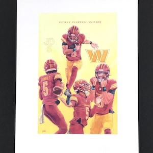 May include: A colorful illustration of four football players in red and gold uniforms celebrating a touchdown. The players are all wearing the number "5" on their jerseys. The background is a yellow color with the text "ANYWHERE. ANYTIME" at the top.