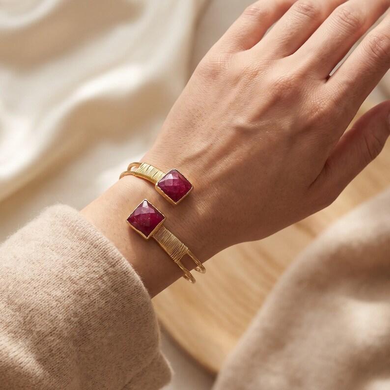 Large Ruby Bracelet, Root Ruby Gemstone Cuff, 18K Gold Plated Adjustable Bangle, Double Stone Wire Wrapped Jewelry, July Birthstone Gift image 2