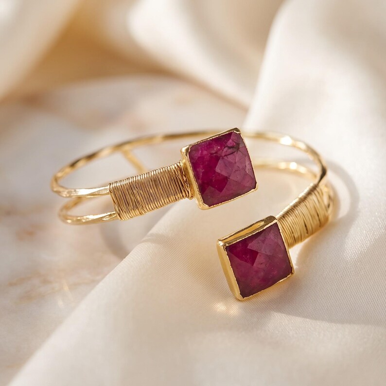 Large Ruby Bracelet, Root Ruby Gemstone Cuff, 18K Gold Plated Adjustable Bangle, Double Stone Wire Wrapped Jewelry, July Birthstone Gift image 11