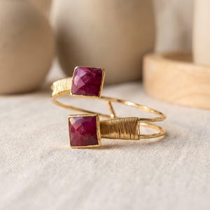 Large Ruby Bracelet, Root Ruby Gemstone Cuff, 18K Gold Plated Adjustable Bangle, Double Stone Wire Wrapped Jewelry, July Birthstone Gift image 7