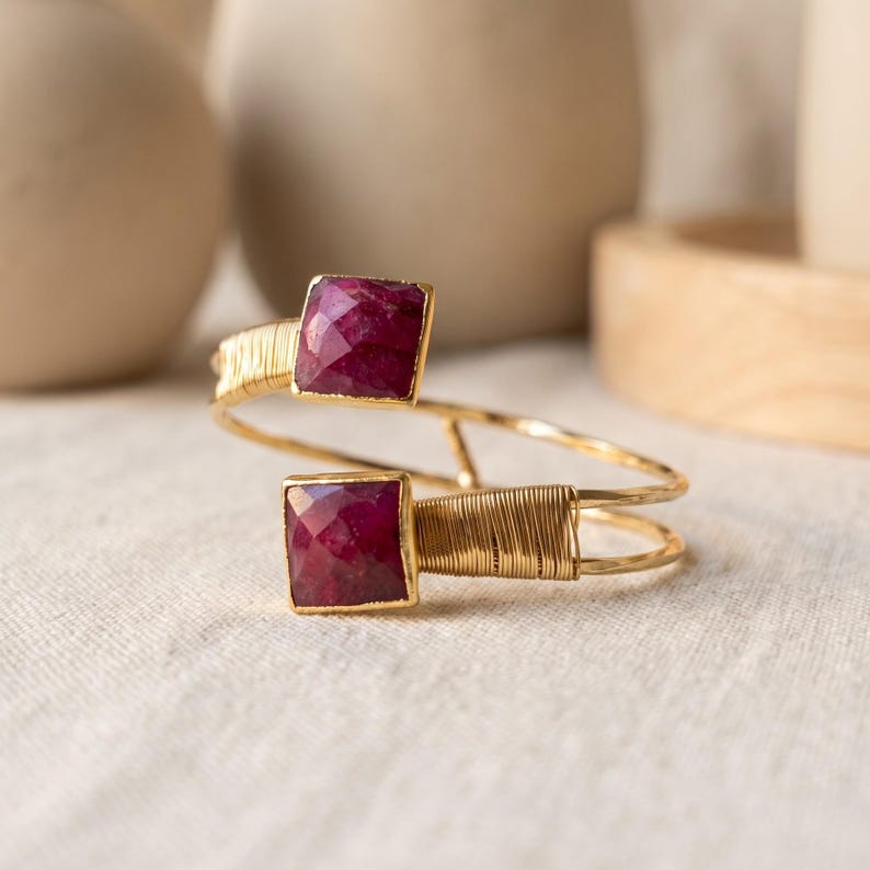 Large Ruby Bracelet, Root Ruby Gemstone Cuff, 18K Gold Plated Adjustable Bangle, Double Stone Wire Wrapped Jewelry, July Birthstone Gift image 7