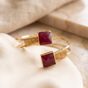 Large Ruby Bracelet, Root Ruby Gemstone Cuff, 18K Gold Plated Adjustable Bangle, Double Stone Wire Wrapped Jewelry, July Birthstone Gift image 8
