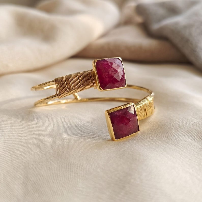 Large Ruby Bracelet, Root Ruby Gemstone Cuff, 18K Gold Plated Adjustable Bangle, Double Stone Wire Wrapped Jewelry, July Birthstone Gift image 6