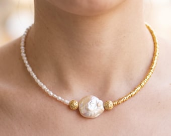 Large Baroque Pearl Choker, 18K Gold Plated Half Pearl Half Gold Necklace, Freshwater Pearl, Rice Pearl Jewelry, Asymmetric Statement Choker
