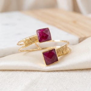 Large Ruby Bracelet, Root Ruby Gemstone Cuff, 18K Gold Plated Adjustable Bangle, Double Stone Wire Wrapped Jewelry, July Birthstone Gift image 3