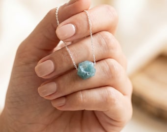 Raw Aquamarine Necklace, 925 Sterling Silver Crystal Choker, Rough Blue Stone Pendant, Natural March Birthstone Jewelry, Boho Healing Gift