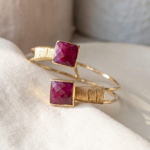 Large Ruby Bracelet, Root Ruby Gemstone Cuff, 18K Gold Plated Adjustable Bangle, Double Stone Wire Wrapped Jewelry, July Birthstone Gift image 1