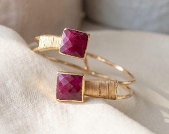 Large Ruby Bracelet, Root Ruby Gemstone Cuff, 18K Gold Plated Adjustable Bangle, Double Stone Wire Wrapped Jewelry, July Birthstone Gift