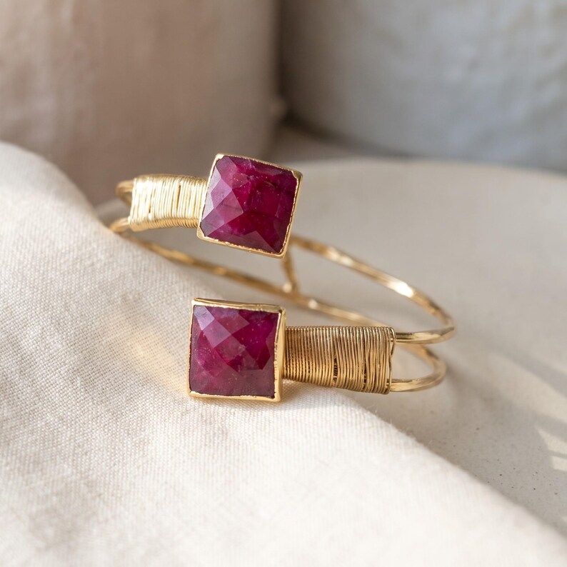 Large Ruby Bracelet, Root Ruby Gemstone Cuff, 18K Gold Plated Adjustable Bangle, Double Stone Wire Wrapped Jewelry, July Birthstone Gift image 1