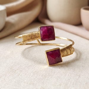 Large Ruby Bracelet, Root Ruby Gemstone Cuff, 18K Gold Plated Adjustable Bangle, Double Stone Wire Wrapped Jewelry, July Birthstone Gift image 10