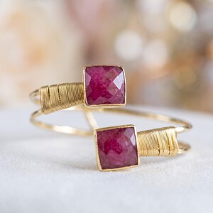 Large Ruby Bracelet, Root Ruby Gemstone Cuff, 18K Gold Plated Adjustable Bangle, Double Stone Wire Wrapped Jewelry, July Birthstone Gift image 5