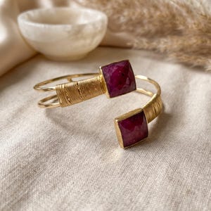 Large Ruby Bracelet, Root Ruby Gemstone Cuff, 18K Gold Plated Adjustable Bangle, Double Stone Wire Wrapped Jewelry, July Birthstone Gift image 9