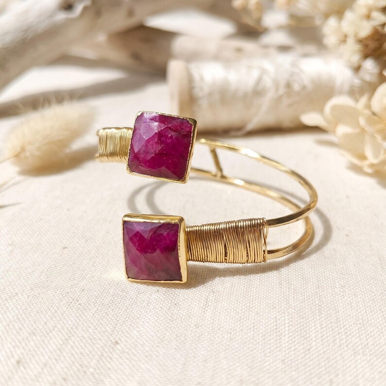 Large Ruby Bracelet, Root Ruby Gemstone Cuff, 18K Gold Plated Adjustable Bangle, Double Stone Wire Wrapped Jewelry, July Birthstone Gift image 4