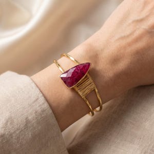Large Ruby Bracelet, Root Ruby Gemstone Cuff, 18K Gold Plated Adjustable Bangle, Wire Wrapped Statement Bridal Jewelry, July Birthstone Gift