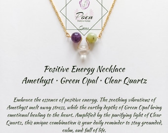 Positive Energy Necklace, Amethyst Green Opal Clear Quartz, 24K Gold Plated Brass, Handmade Crystal Choker, Healing Stone Boho Gift for Her