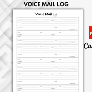 Peut inclure: Une feuille de journal de messagerie vocale imprimable blanche avec le texte VOICE MAIL LOG en haut et Vocie Mail Log en dessous. Le document contient plusieurs sections avec des lignes pour From, Date, Time, Company, Tel/Fax, Notes, Follow Up.