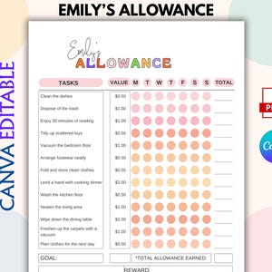 以下が含まれることがあります： 「Emily's Allowance」と題された印刷可能な家事チャート。タスクリスト、金額、各曜日の色付き円が並ぶ週間トラッキンググリッドが含まれています。目標と報酬のセクションがあり、PDFとCanvaのアイコンが表示されています。