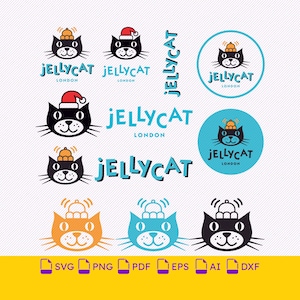 May include: A collection of Jellycat London logo graphics featuring black cat faces with various hats, including a bell and a Santa hat. The set includes circular icons, text-based logos, and cat face illustrations in orange, blue, and black.