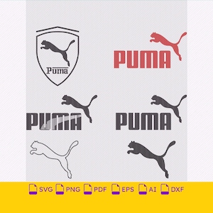 May include: A collection of six Puma brand logo variations including a shield emblem, the word Puma in various fonts, and the leaping cat silhouette in solid black, outlined, and red, presented as digital graphic files for design projects.