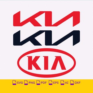 May include: A digital graphic featuring the Kia logo in three variations: a red stylized version, a dark navy blue stylized version, and a red oval-enclosed version with the text KIA. File format icons SVG, PNG, PDF, EPS, AI, and DXF are listed below.