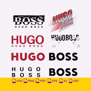 May include: A collection of Hugo Boss logo designs in various styles, including black and red text, distressed textures, and layered typography. The image displays multiple variations of the brand name, accompanied by file format icons SVG, PNG, PDF, EPS, AI, and DXF.