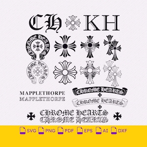 May include: A collection of black graphic designs featuring the text CH KH, Chrome Hearts, and Mapplethorpe, alongside various cross symbols, circular emblems, and banner motifs. The image includes file format icons for SVG, PNG, PDF, EPS, AI, and DXF.