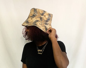 Abstract 70's Bucket Hat, Handmade, Unisex Sun Hat, Reversible Beige Cotton Hat